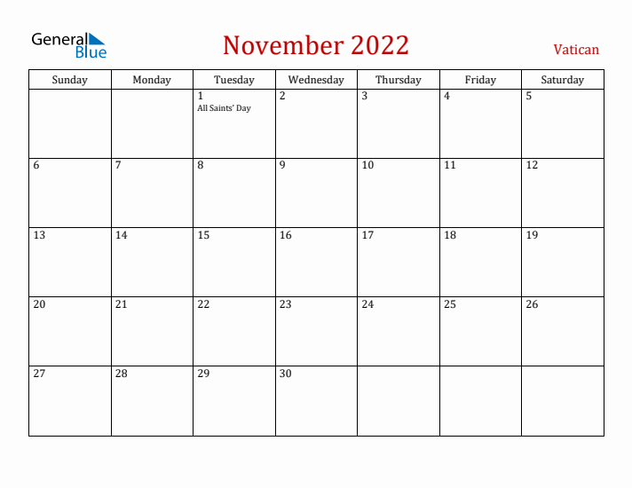 Vatican November 2022 Calendar - Sunday Start