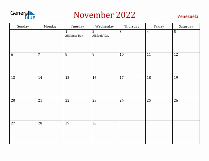 Venezuela November 2022 Calendar - Sunday Start