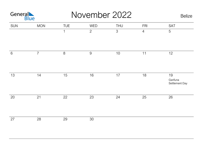 Printable November 2022 Calendar for Belize