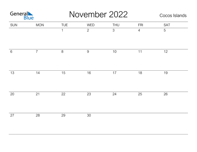 Printable November 2022 Calendar for Cocos Islands