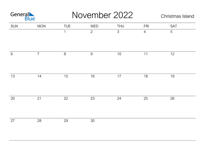 Printable November 2022 Calendar for Christmas Island