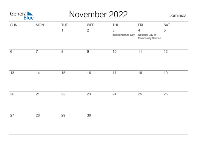 Printable November 2022 Calendar for Dominica