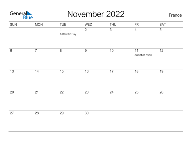 Printable November 2022 Calendar for France