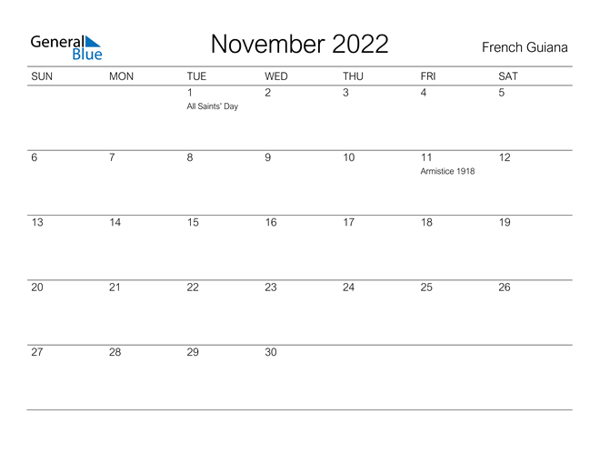 Printable November 2022 Calendar for French Guiana