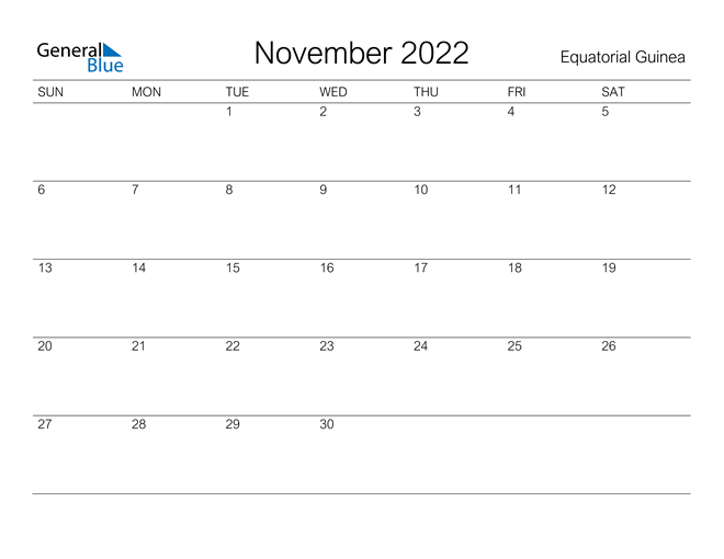 Printable November 2022 Calendar for Equatorial Guinea
