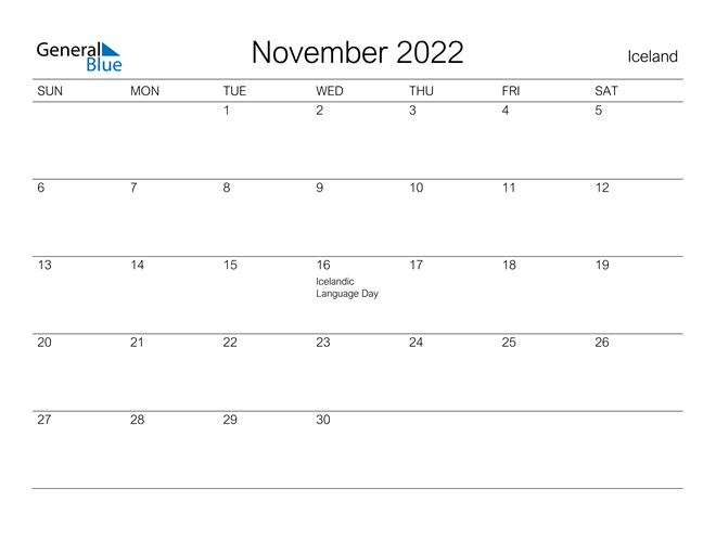 Printable November 2022 Calendar for Iceland