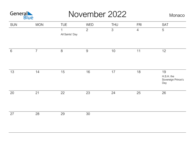 Printable November 2022 Calendar for Monaco