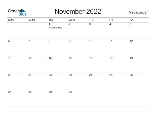 Printable November 2022 Calendar for Madagascar