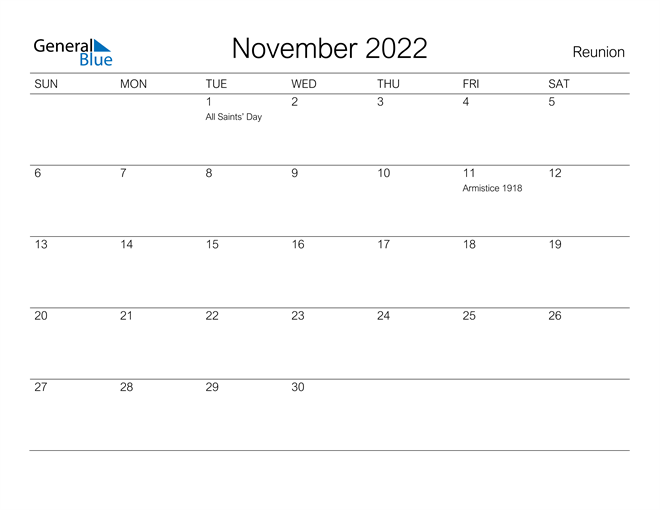 Printable November 2022 Calendar for Reunion