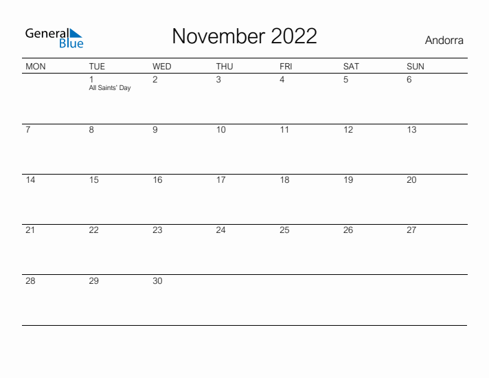 Printable November 2022 Calendar for Andorra