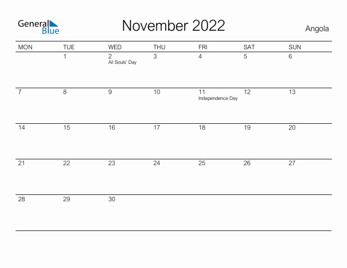Printable November 2022 Calendar for Angola