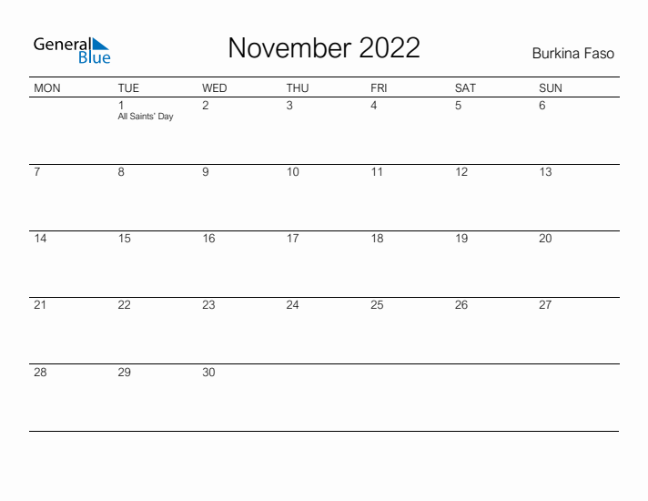Printable November 2022 Calendar for Burkina Faso