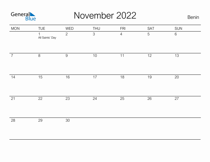 Printable November 2022 Calendar for Benin