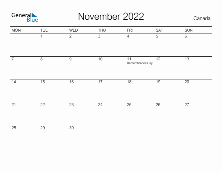 Printable November 2022 Calendar for Canada