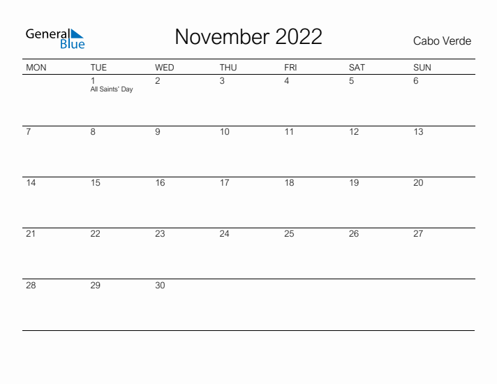 Printable November 2022 Calendar for Cabo Verde
