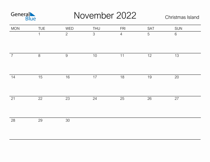 Printable November 2022 Calendar for Christmas Island
