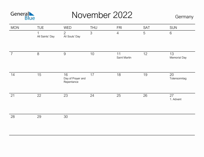 Printable November 2022 Calendar for Germany