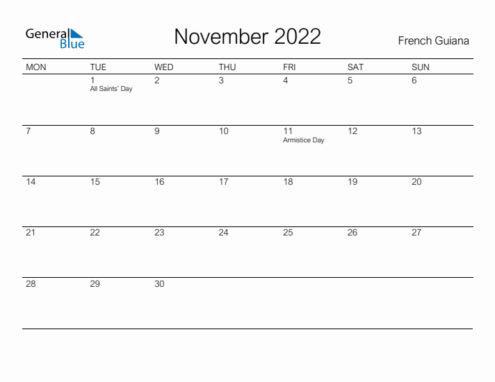 Printable November 2022 Calendar for French Guiana