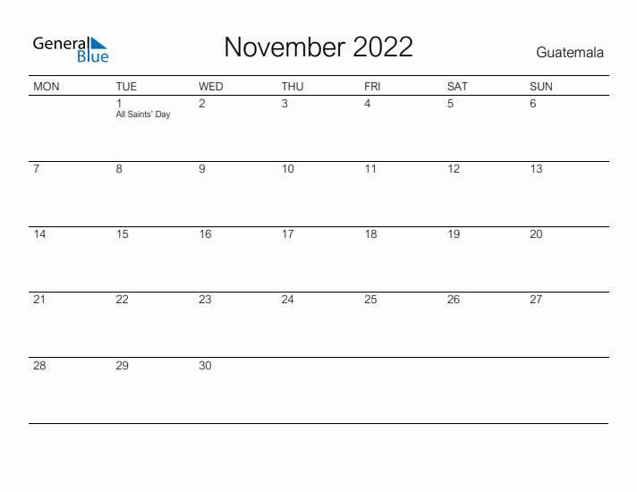 Printable November 2022 Calendar for Guatemala