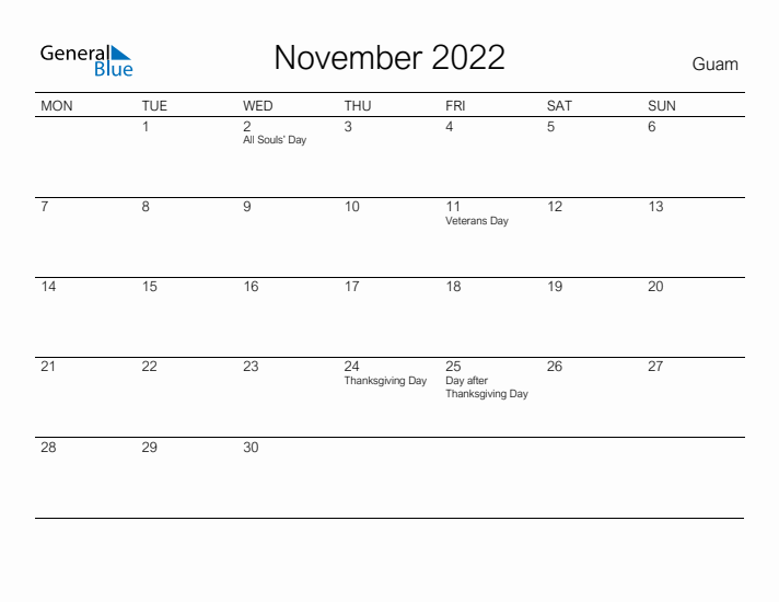 Printable November 2022 Calendar for Guam