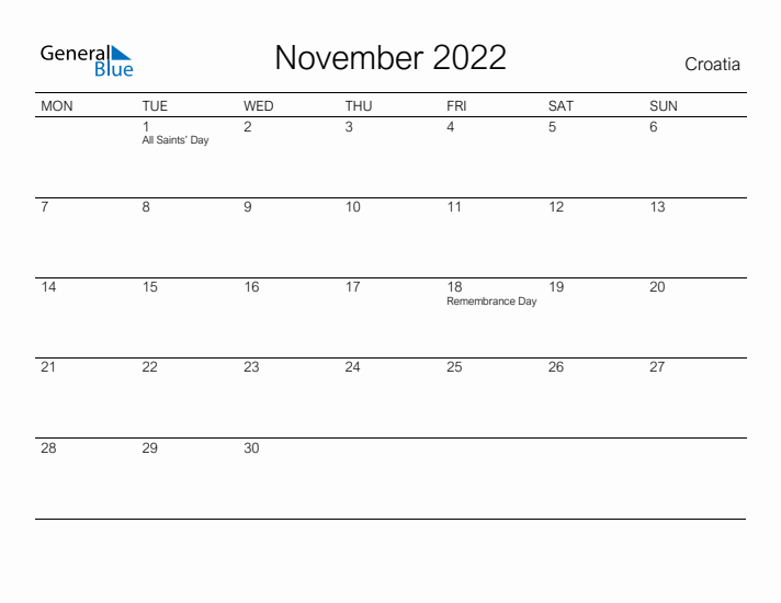 Printable November 2022 Calendar for Croatia
