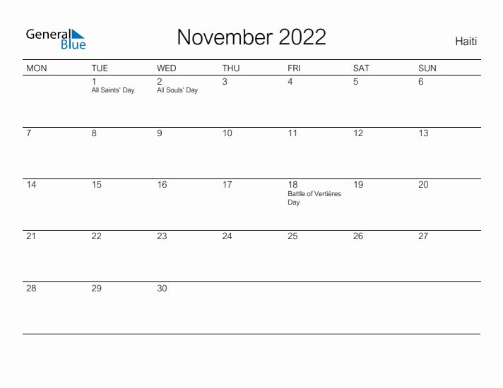 Printable November 2022 Calendar for Haiti