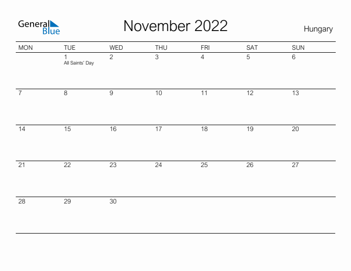 Printable November 2022 Calendar for Hungary