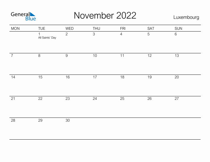 Printable November 2022 Calendar for Luxembourg