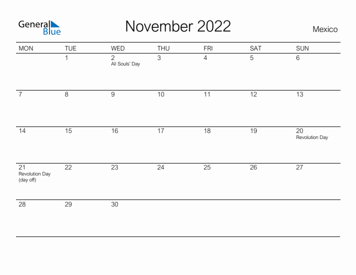 Printable November 2022 Calendar for Mexico