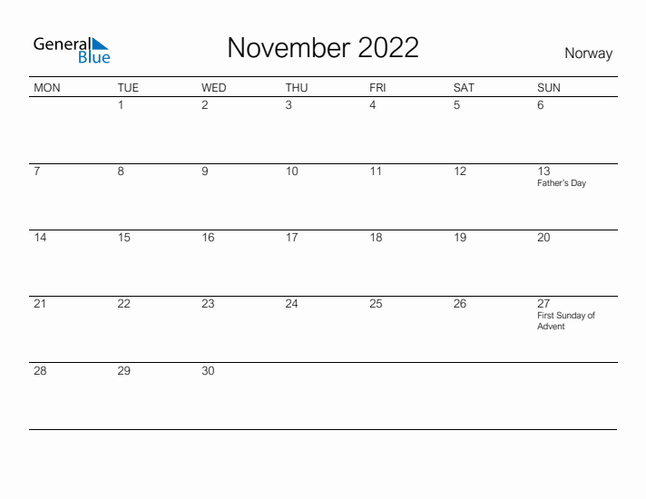 Printable November 2022 Calendar for Norway