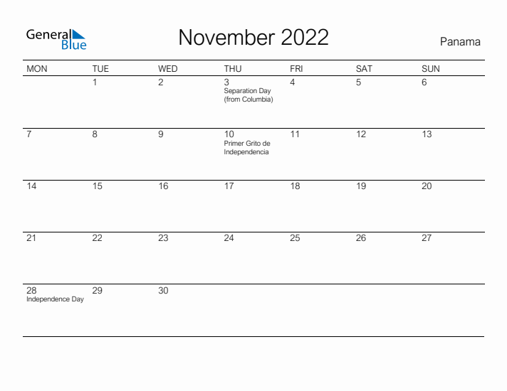 Printable November 2022 Calendar for Panama