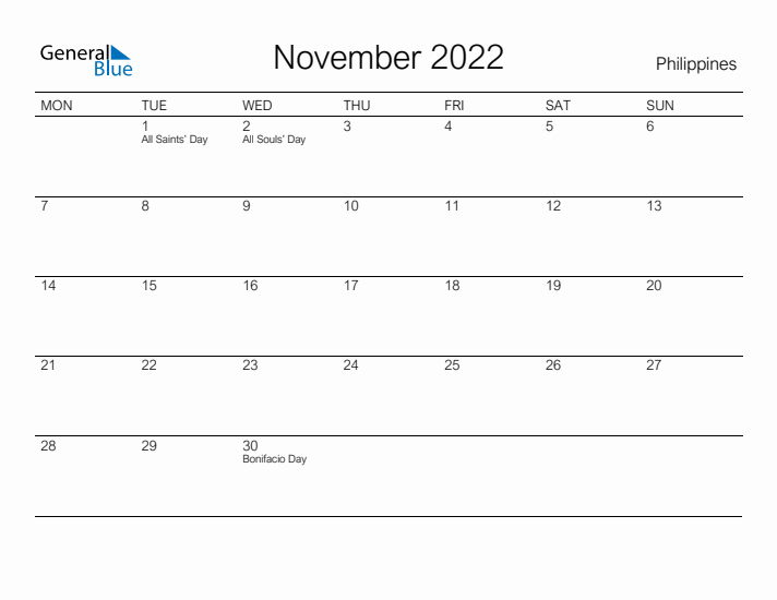 Printable November 2022 Calendar for Philippines