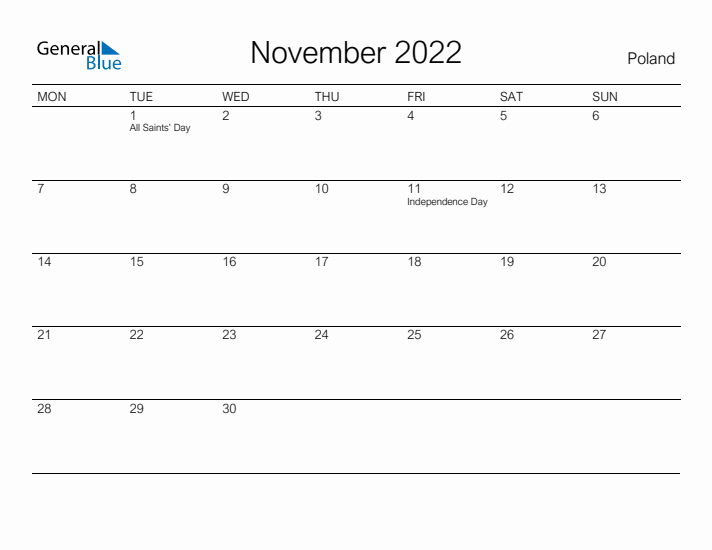 Printable November 2022 Calendar for Poland