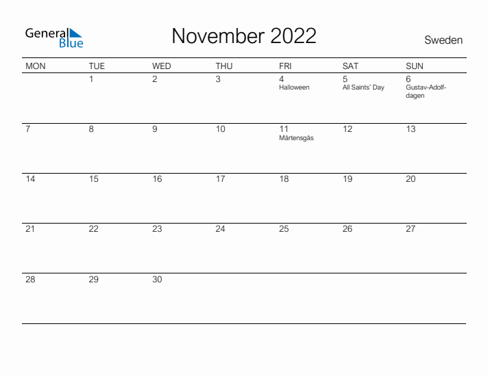 Printable November 2022 Calendar for Sweden