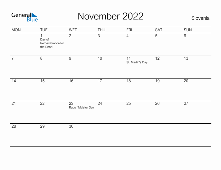 Printable November 2022 Calendar for Slovenia