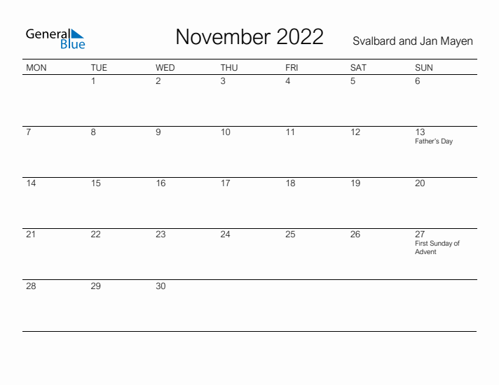 Printable November 2022 Calendar for Svalbard and Jan Mayen