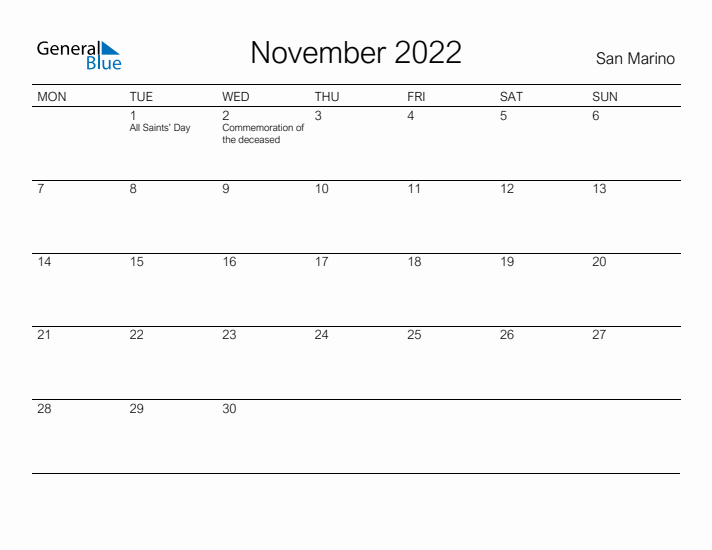 Printable November 2022 Calendar for San Marino