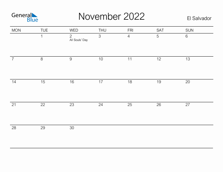 Printable November 2022 Calendar for El Salvador