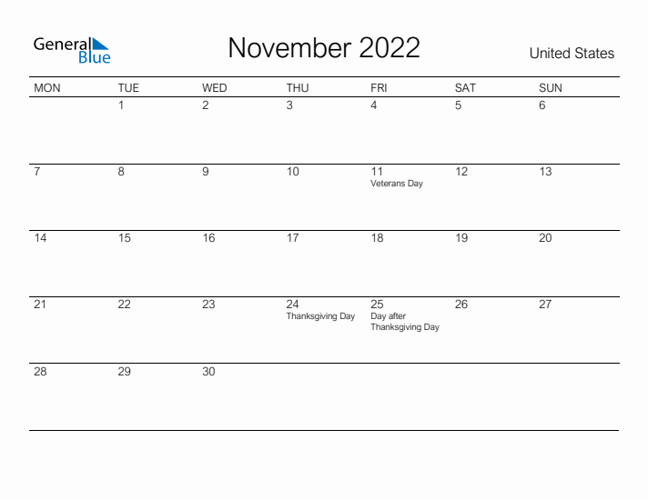 Printable November 2022 Calendar for United States