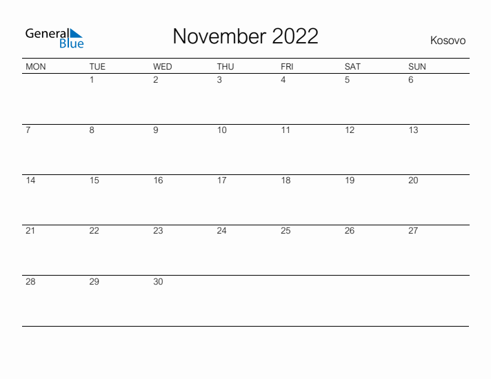 Printable November 2022 Calendar for Kosovo