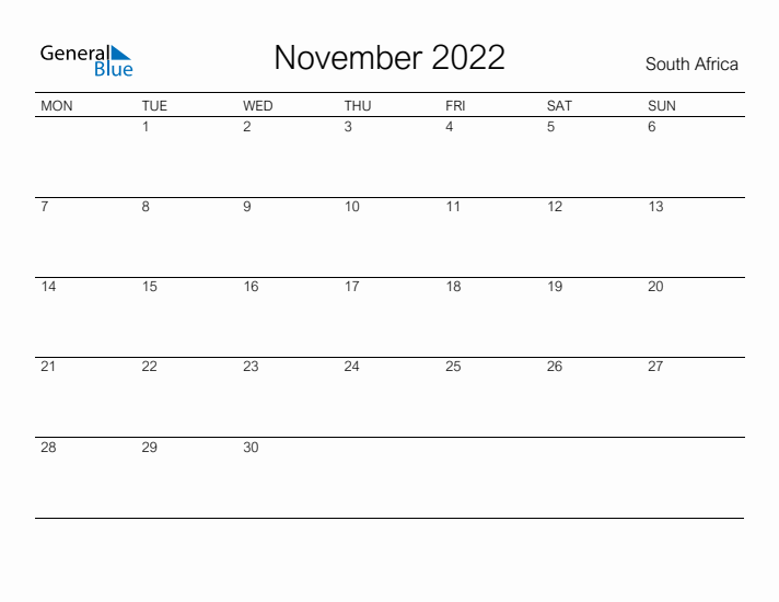Printable November 2022 Calendar for South Africa