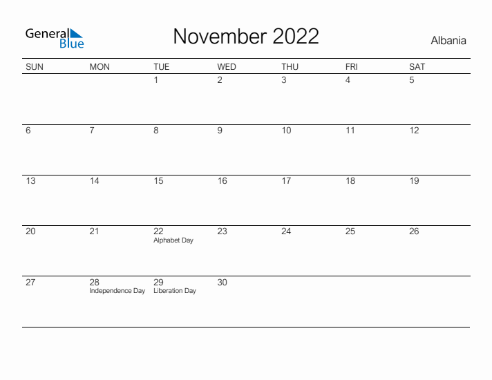 Printable November 2022 Calendar for Albania