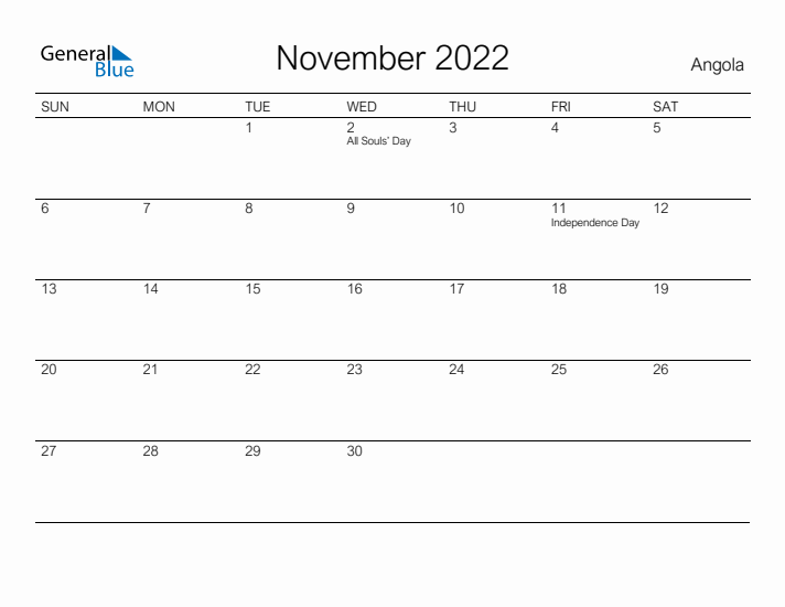 Printable November 2022 Calendar for Angola