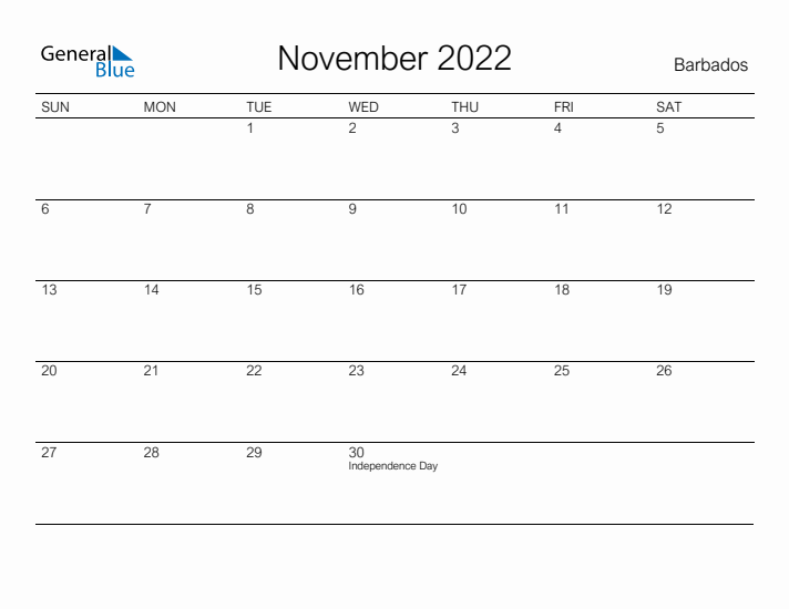 Printable November 2022 Calendar for Barbados