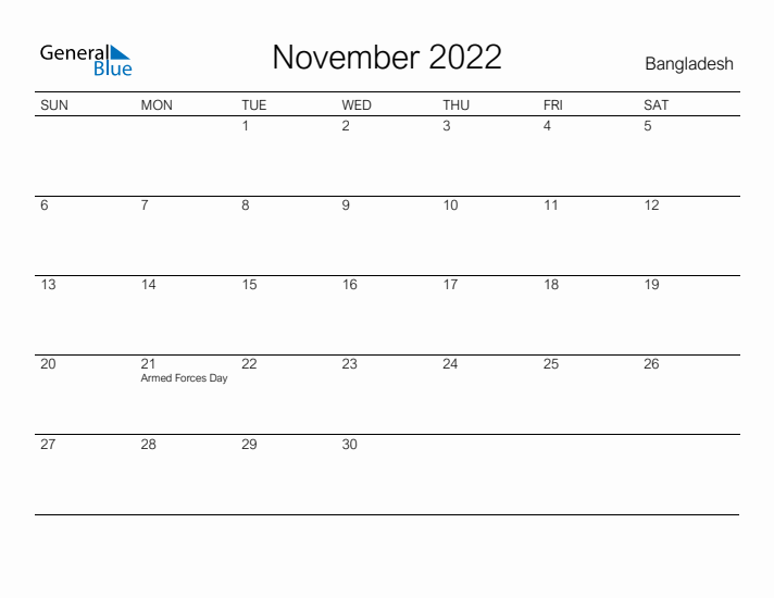Printable November 2022 Calendar for Bangladesh