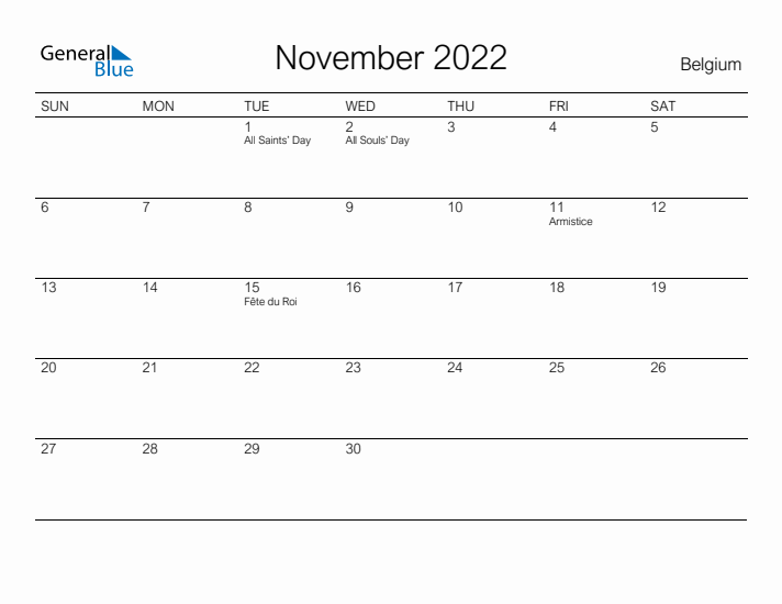 Printable November 2022 Calendar for Belgium
