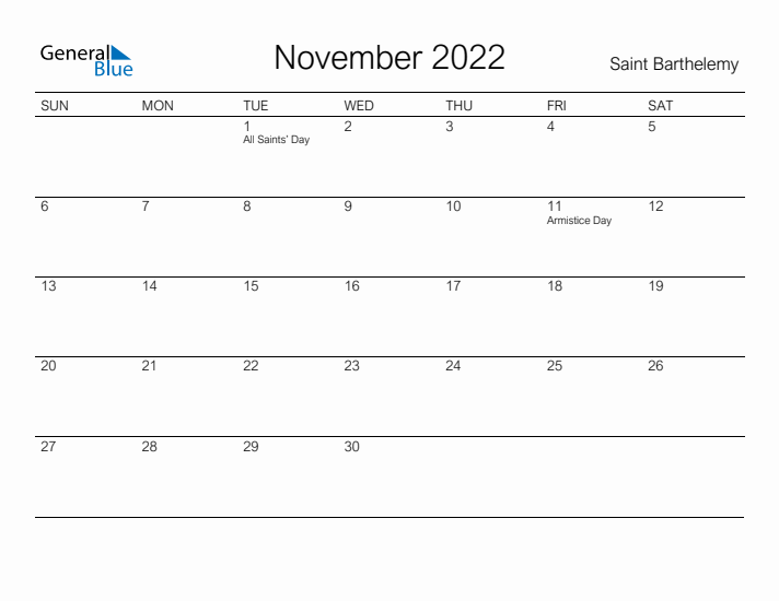 Printable November 2022 Calendar for Saint Barthelemy