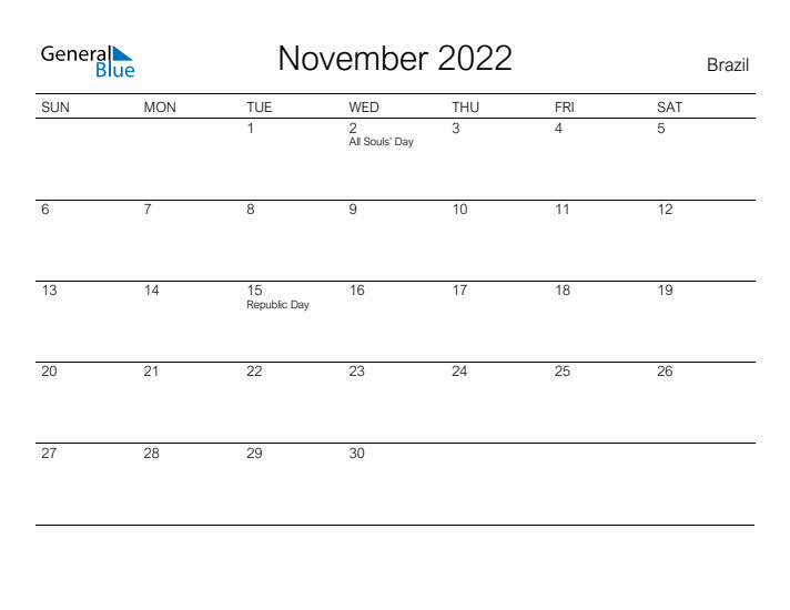 Printable November 2022 Calendar for Brazil