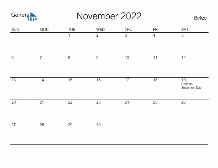 Printable November 2022 Calendar for Belize
