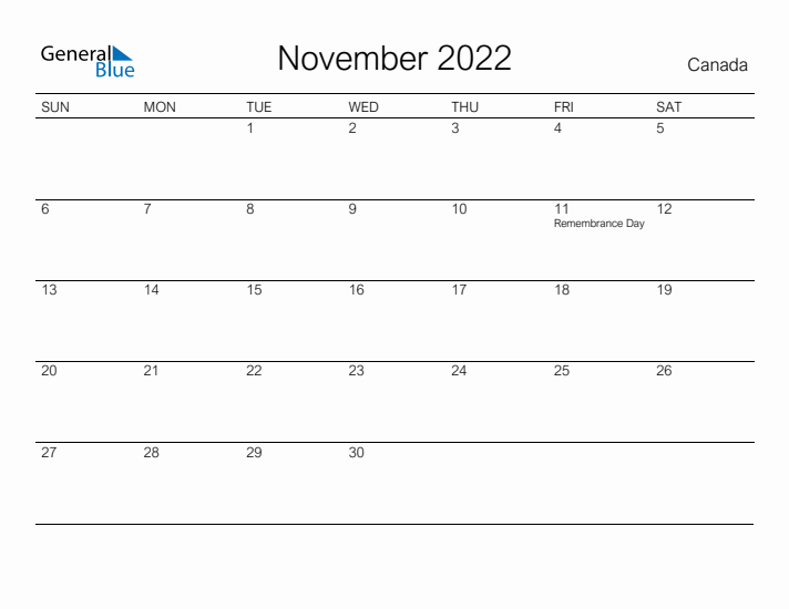 Printable November 2022 Calendar for Canada